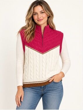 NWT Anthropologie Maeve Varsity Stripe Pink Ivory Brown Poncho Sweater Vest S/M